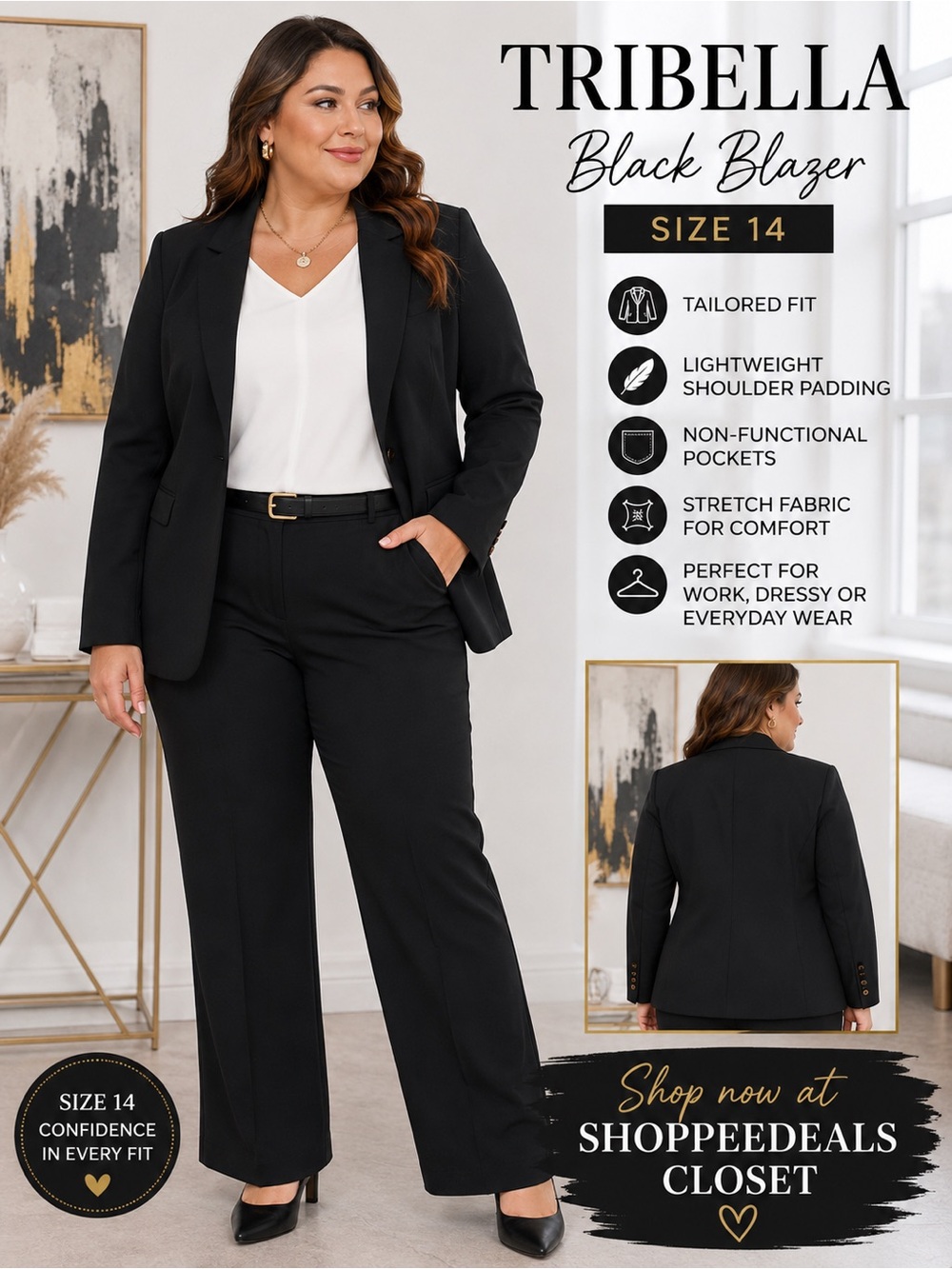 Tribella Black Stretch Blazer – Women’s Size 14